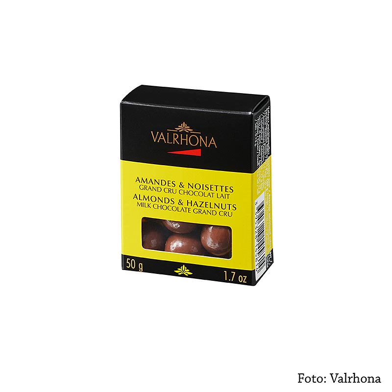 Valrhona Equinoxe balletjes - amandelen/hazelnoten in melkchocolade, 50 g, delicious Belgian chocolates with almonds and hazelnuts in milk chocolate packaging