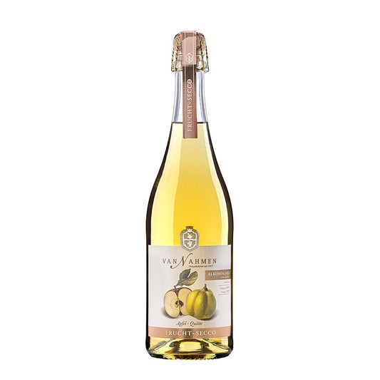 750 ml bottle of Van Nahmen Appel-Kweepeer Fruit Secco, a non-alcoholic, organic beverage