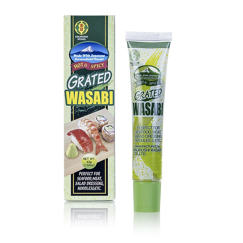 Green, fine-grained wasabi paste with 16% wasabi, typically hot, 43g