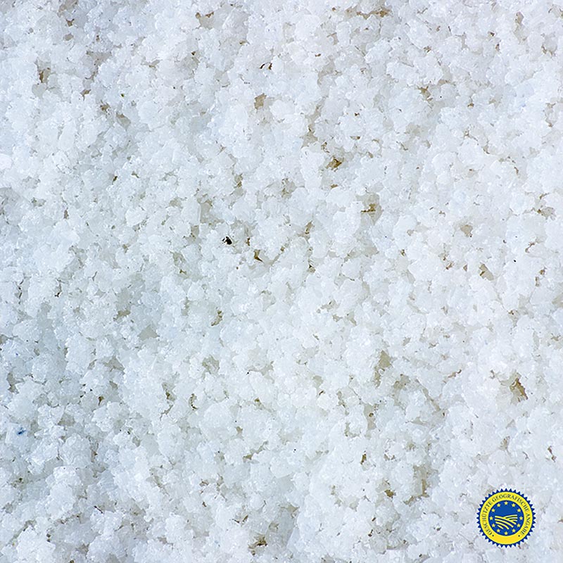 A 1 kg bag of Fleur de Sel salt from Guerande, France, certified by BGA and produced by TradySel