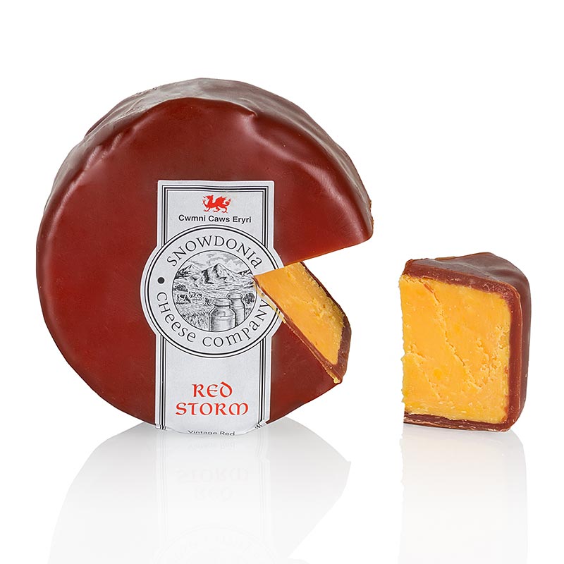 Snowdonia Red Storm, aged Leicester cheese with dark red wax, 200g, visually appealing and delicious artisanal cheese product