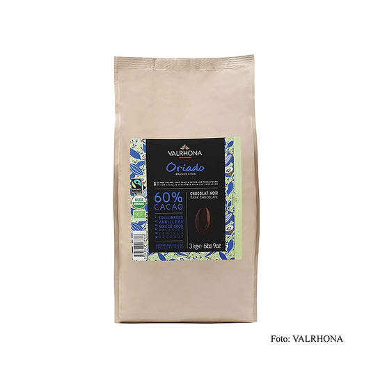 Valrhona Oriado, donkere couverture, Callets, 60% cacao, biologisch, 3 kg, ideal for creating rich and indulgent organic chocolate desserts