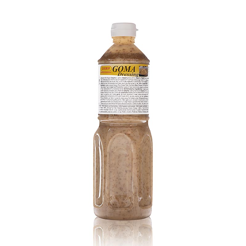 A 1-liter bottle of Nihon Shokken Sesamdressing, perfect for salads, vegetables, noodles, and meat