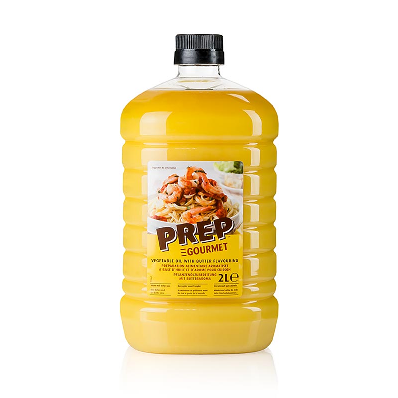 Plantaardige olie met botersmaak van Prep Gourmet, verpakt in een fles van 2 liter