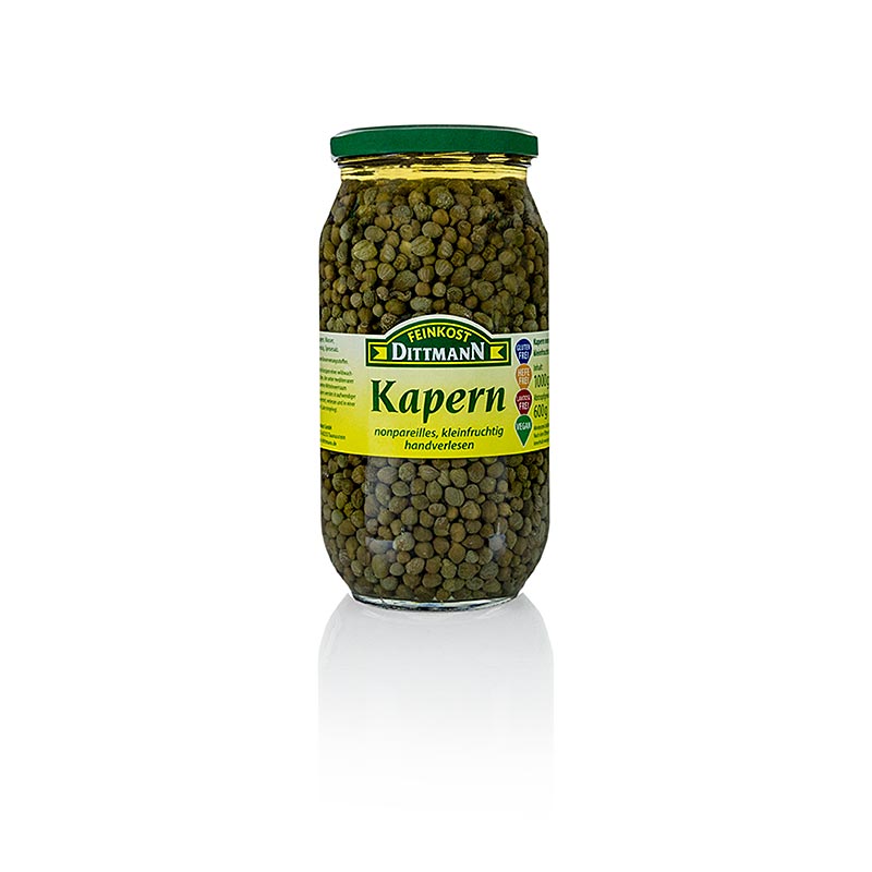 Kappertjes Nonpareilles by Dittmann, a high-quality 1 kg jar of capers measuring 4-7mm in size