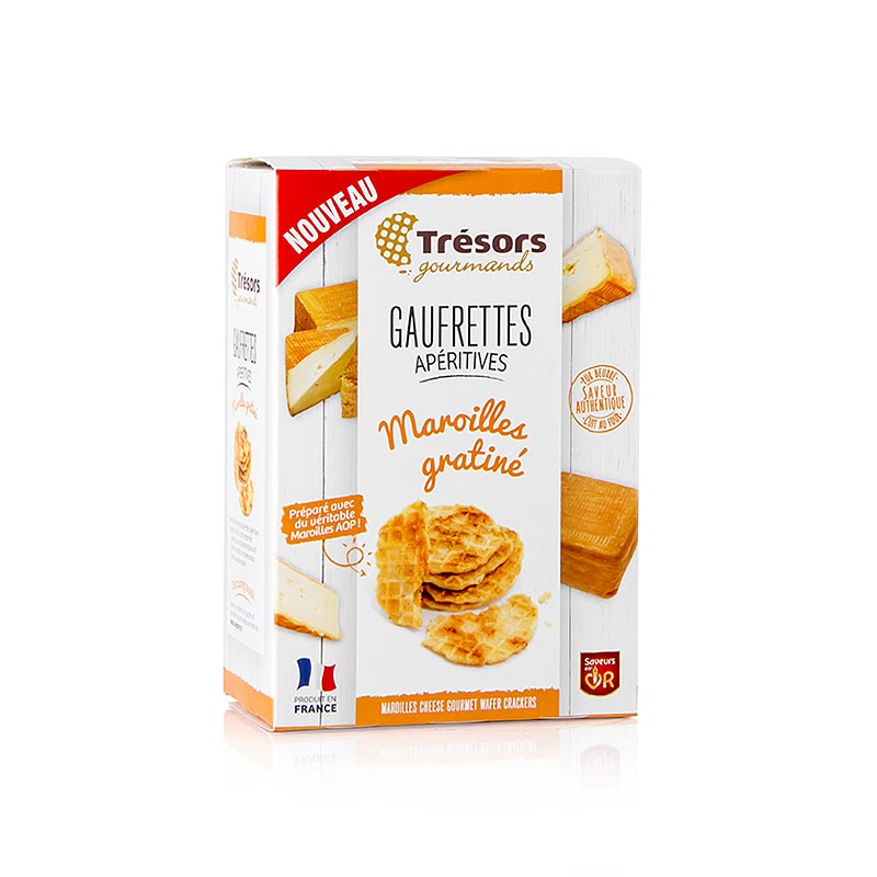 Barsnack Trésors - Gaufrettes, franç Miniwafels met Maroilles kaas, 60 g - A savory snack of French mini wafers with Maroilles cheese, 60 grams