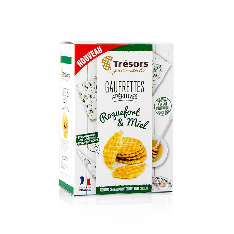 Barsnack Trésors - Gaufrettes, Frankrijk Mini wafels met Roquefort kaas & honing, 60 g - Delicious French snack with crispy wafers, tangy Roquefort cheese, and sweet honey, perfect for a gourmet treat