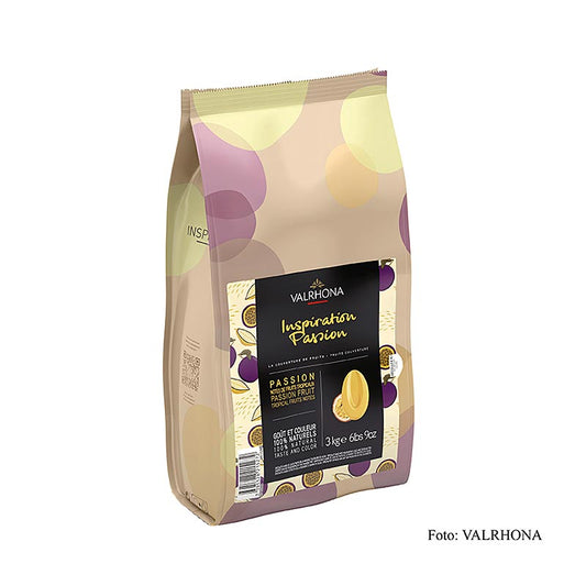 Valrhona Inspiration Passievrucht - Specialiteit met cacaoboter, 3 kg: a vibrant and luxurious passion fruit flavored chocolate product for professional use