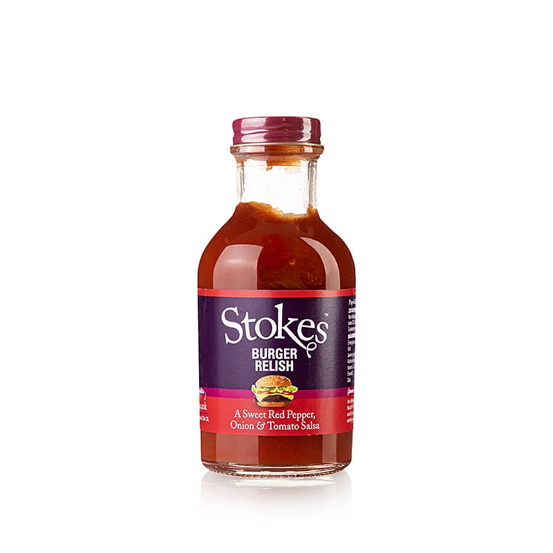 Stokes Burger Relish, Salsa van rode peper en tomaten, 265 ml, a zesty and savory condiment perfect for enhancing the flavor of burgers and grilled meats