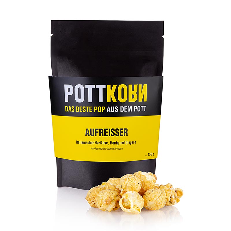 Knapperige popcorn met heerlijke harde kaas, zoete honing en pittige oregano, 150 gram