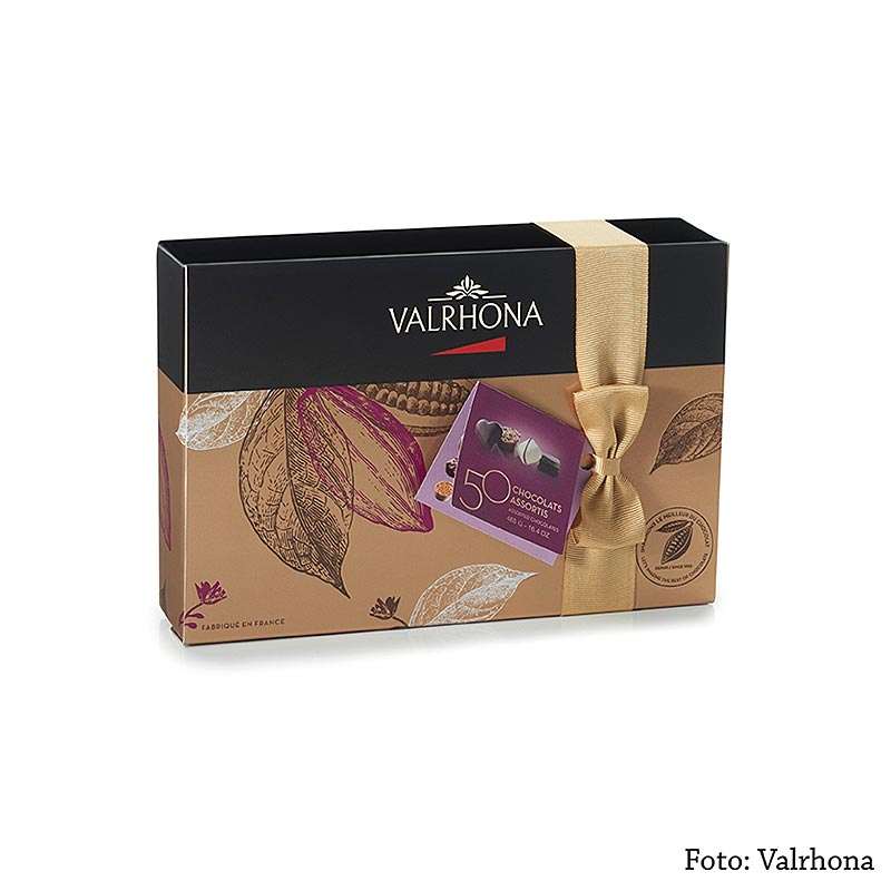 Valrhona Ballotin assortiment, fijne praliné mix, 465 g, 50 stuks, heerlijke chocolade geschenkdoos met een assortiment van 50 verfijnde praliné bonbons in een prachtige verpakking