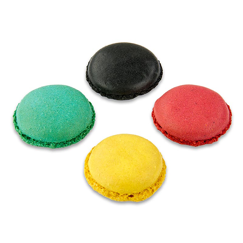 Macarons mix 2 (96 x elk zwart, cassis, citroen, turkoois), ca Ø 3,5 cm, 921 g, 384 stuks - Assortiment van 96 macarons in de smaken zwart, cassis, citroen en turkoois, met een gewicht van 921 g en een totaal van 384 stuks, elk met een diameter van ongeveer 3,5 cm