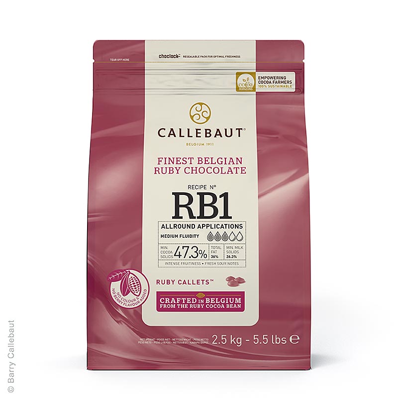 Robijn - Roze chocolade, with 473% cacao, Callets Couverture from Callebaut, in a 25 kg pack