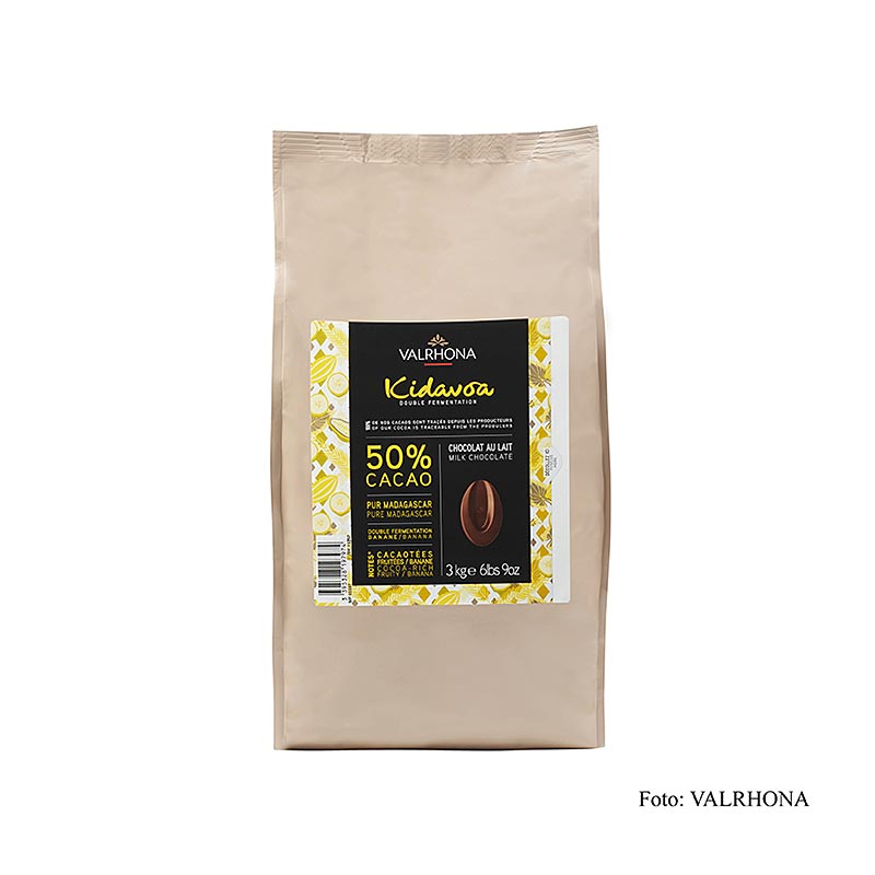 A 3 kg pack of Valrhona Kidavoa Couverture 50% Callets, made with double-fermented cocoa, perfect for baking and confectionery use