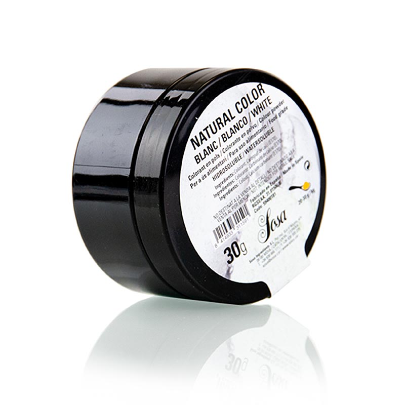 Close up of Sosa kleurstof voor levensmiddelen naturel, poeder, wit, oplosbaar in water (38558), 30 g natural food coloring powder in a small container