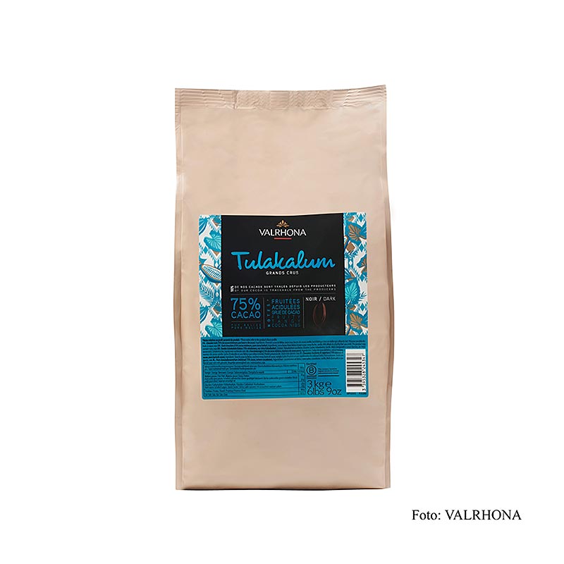 Valrhona Tulakalum donkere couverture Callets, met 75% cacaogehalte, verpakt in 3 kg zak