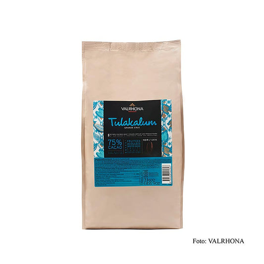 Valrhona Tulakalum donkere couverture Callets, met 75% cacaogehalte, verpakt in 3 kg zak