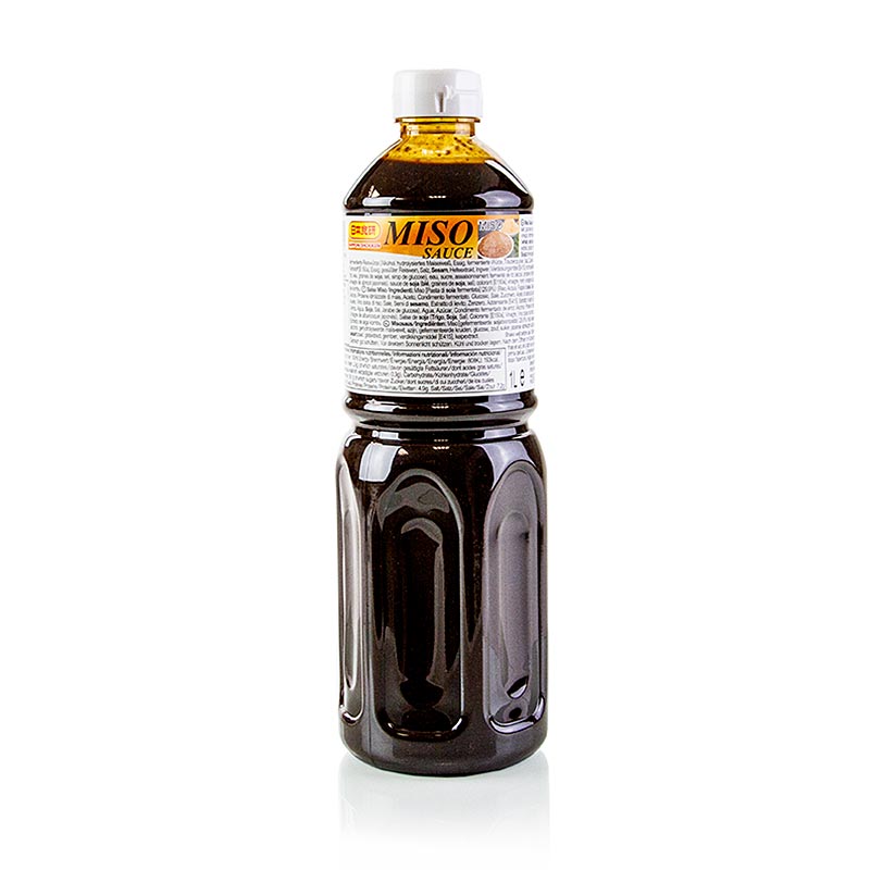 A 1 liter bottle of Nihon Shokken Misosaus, a traditional Japanese condiment