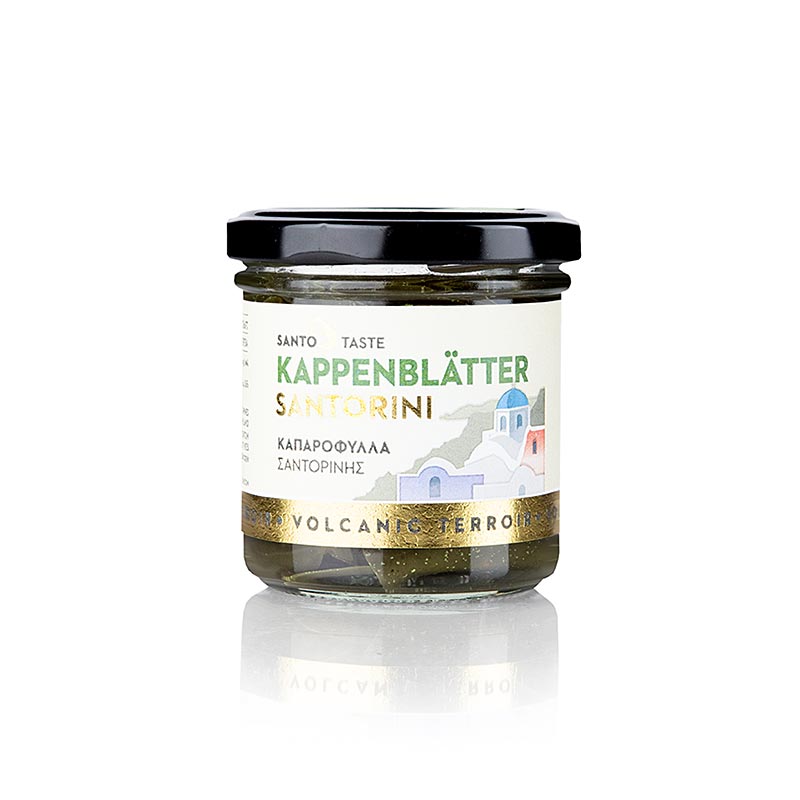 Kappertjesblad (thiraika) uit Santorini in azijn, pot, 150 g - Productafbeelding met ingelegde kappertjesbladeren in azijn, afkomstig van Santorini, verpakt in een pot van 150 gram