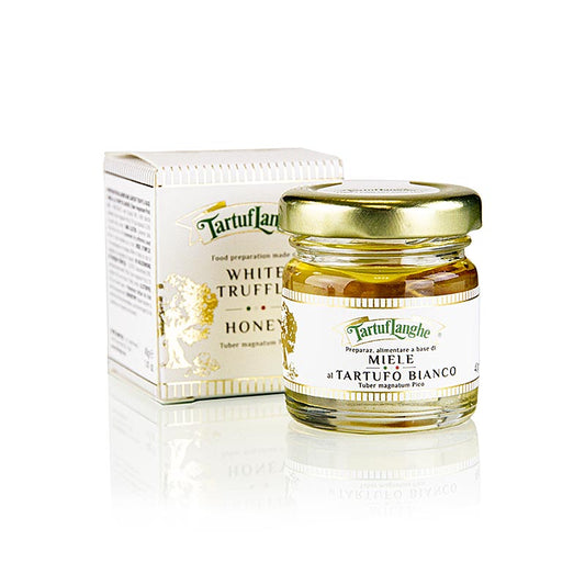 Tartuflanghe 40g acaciahoning with light color, infused with aromatic white truffle flavor, perfect for enhancing dishes