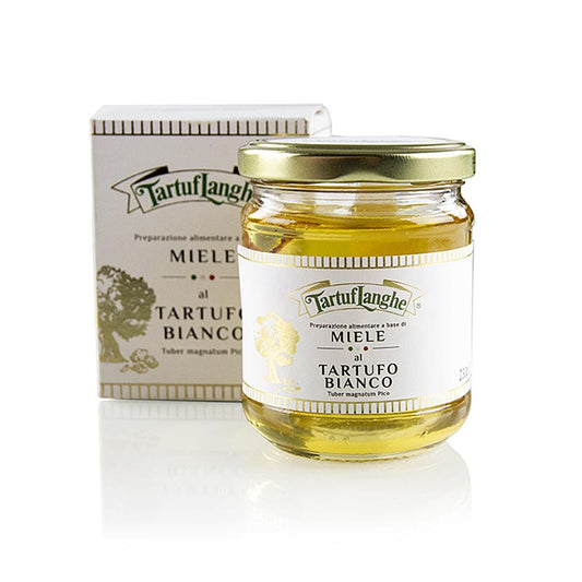 Tartuflanghe acaciahoning, licht, met witte truffel & smaak, 230 g, a gourmet honey with the delightful flavor of white truffle