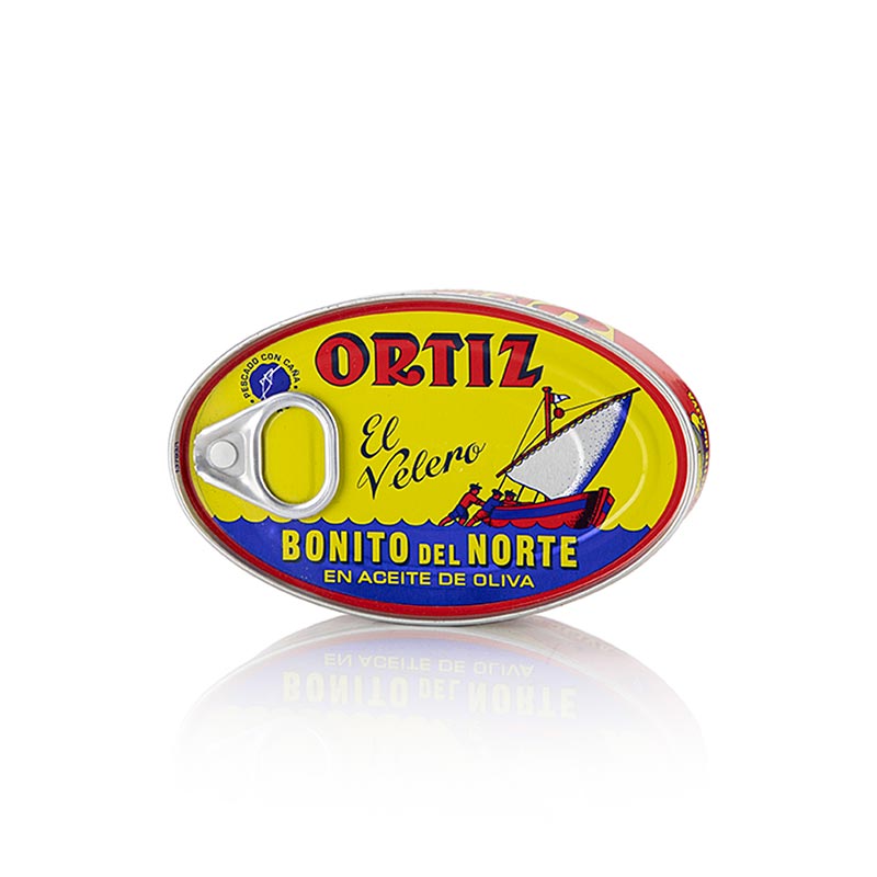 Witte tonijn, also known as Bonito del Norte, preserved in high-quality olijfolie by Ortiz, comes in a 112 g can