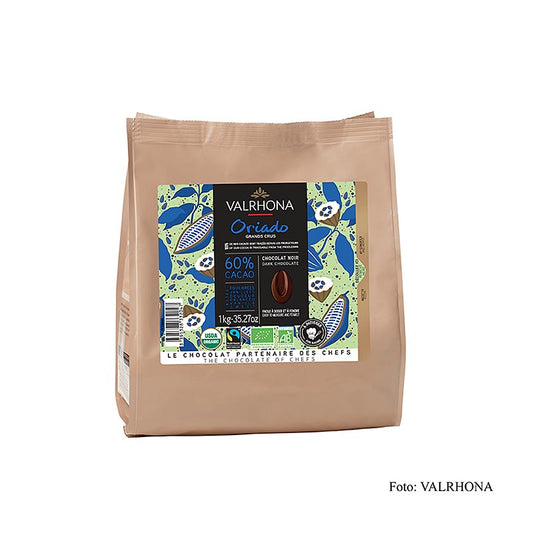 Valrhona Oriado, Couverture Donker 60% organic chocolate callets in 1 kg packaging