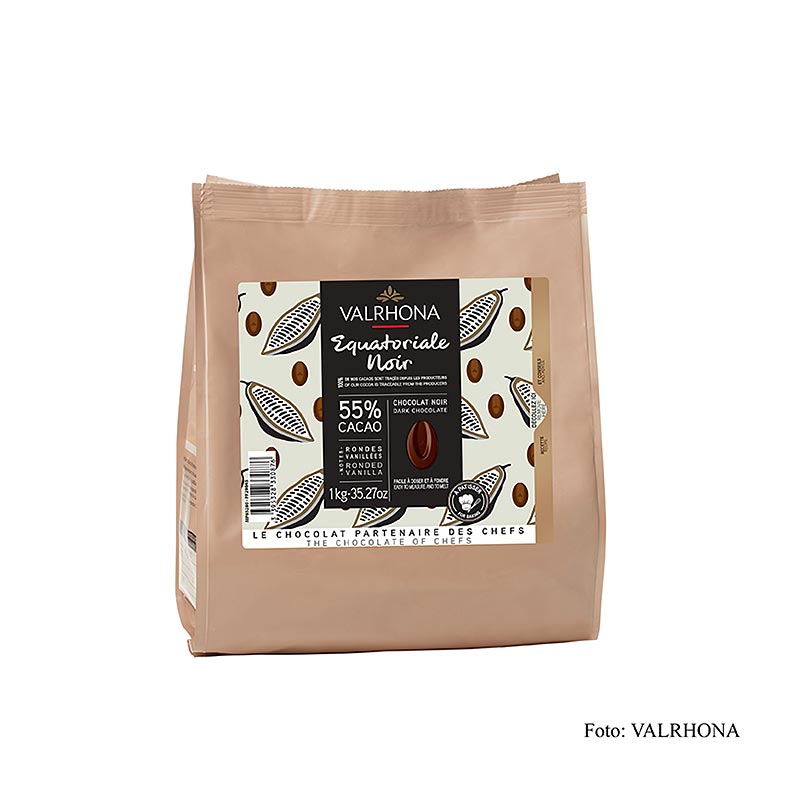 Valrhona Equatoriale Noire 55% Callets, a rich and smooth dark chocolate couverture in convenient 1 kg packaging