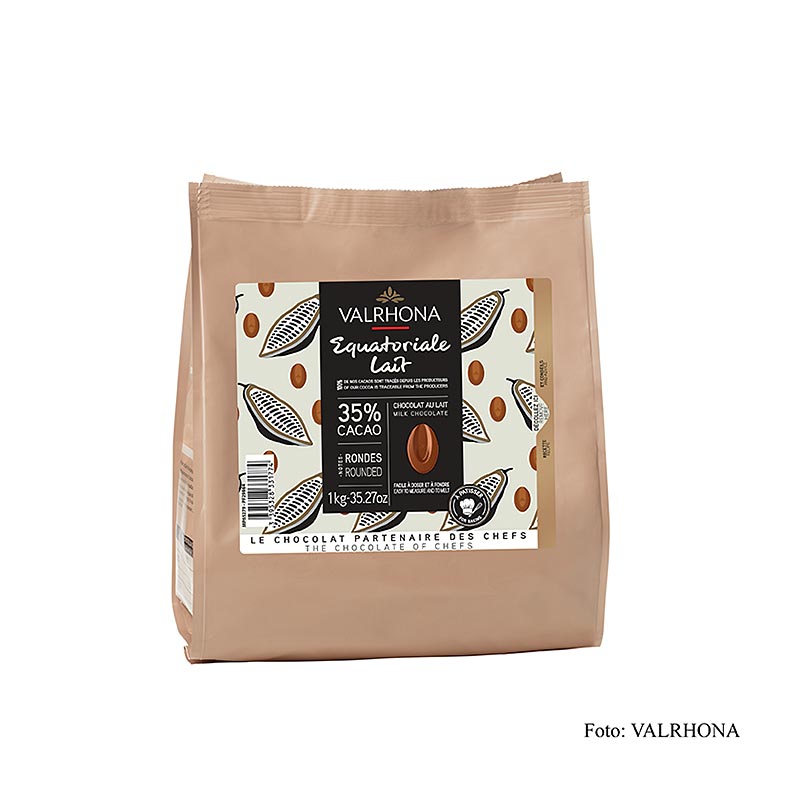 Valrhona Equatoriale Lait, volle melk couverture, callets, 35% cacao, 1 kg - high-quality milk chocolate couverture in convenient 1 kg callets for baking and confectionery use