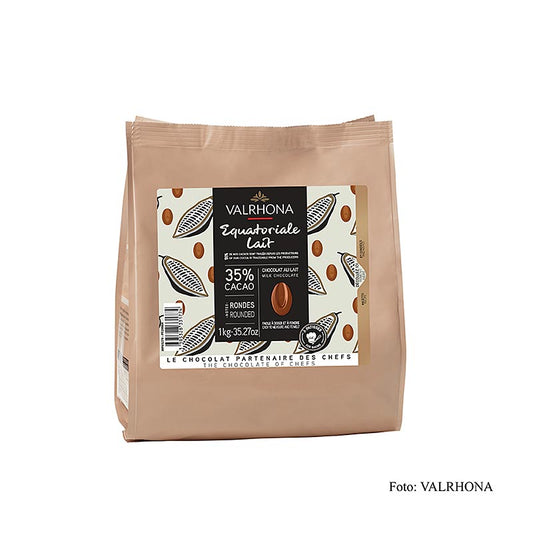 Valrhona Equatoriale Lait, volle melk couverture, callets, 35% cacao, 1 kg - high-quality milk chocolate couverture in convenient 1 kg callets for baking and confectionery use