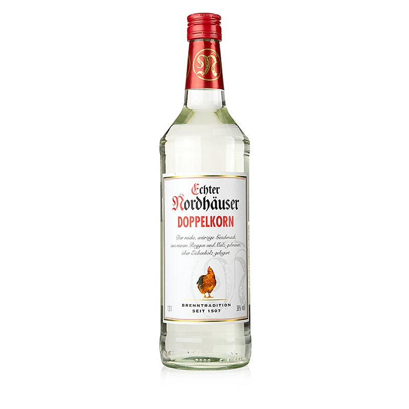 Nordhäuser Doppelkorn, een 1 liter fles met 38% alcoholvolume, een traditionele Duitse sterke drank