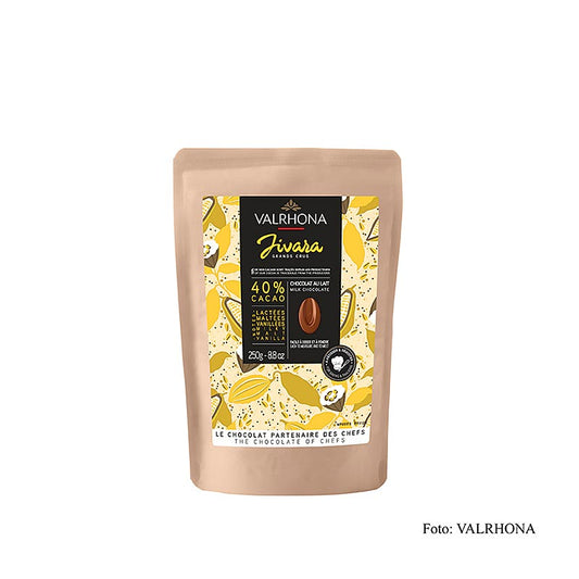 Rich and creamy Valrhona Jivara milk chocolate Callets, 40% cacao, 250g packaging