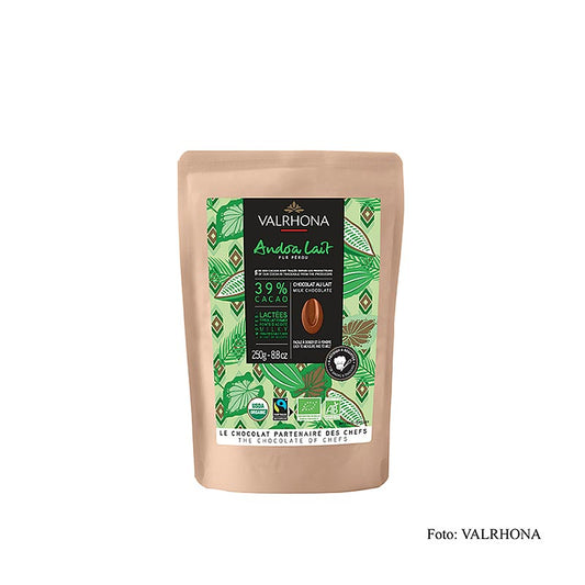 Organic fair trade Valrhona Andoa Lait milk chocolate callets, 39% cocoa, 250g