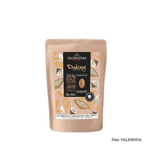 Valrhona Dulcey blonde couverture callets, 250g, 35% cacao, perfect for baking and confectionery