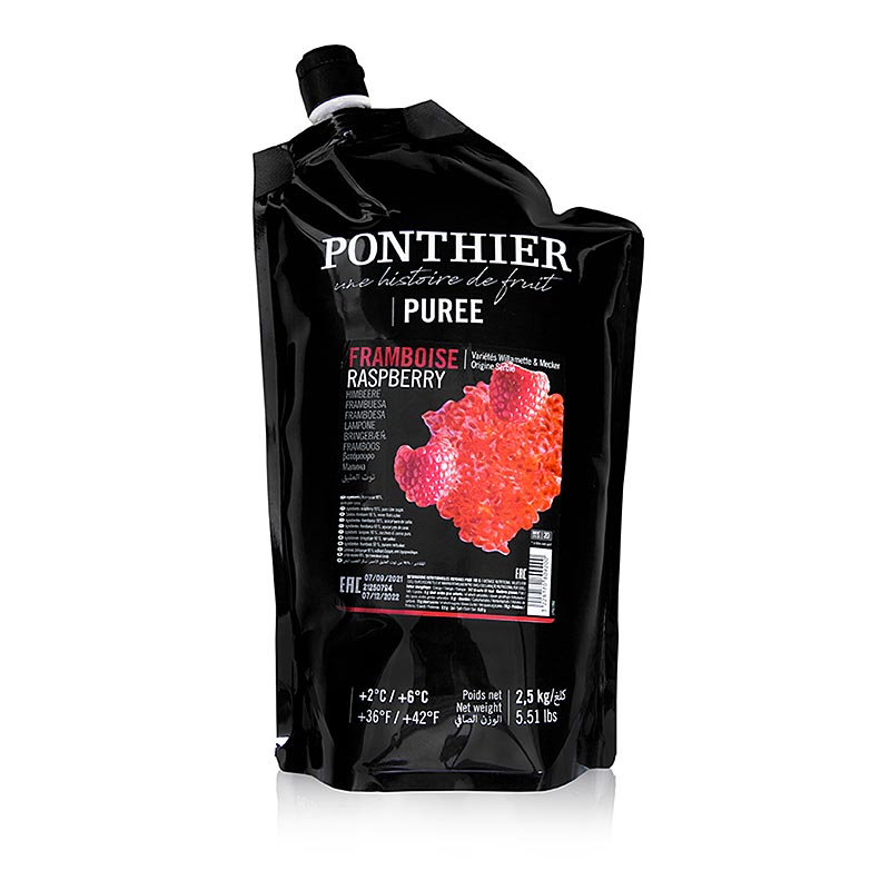 High-quality Ponthier raspberry puree with added sugar, 25kg packaging for culinary use