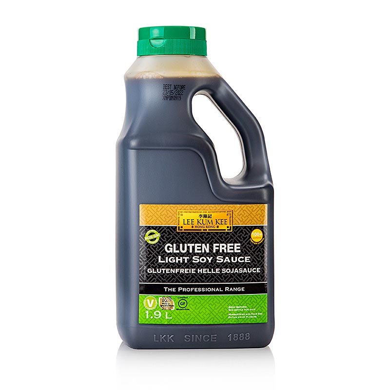 A large 19 liter bottle of gluten-free Lee Kum Kee light soy sauce, perfect for cooking and seasoning your favorite dishes