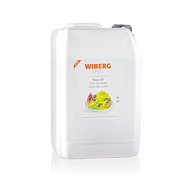 5 liter bottle of Wiberg BASIC koolzaadolie, cold-pressed, lightly steamed rapeseed oil
