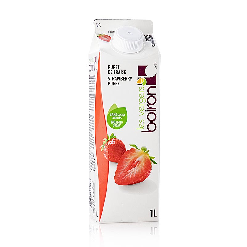 Afbeelding van Boiron aardbeienpuree, gepasteuriseerd, 1 liter verpakking, perfect voor het toevoegen van heerlijke aardbeiensmaak aan diverse gerechten en drankjes