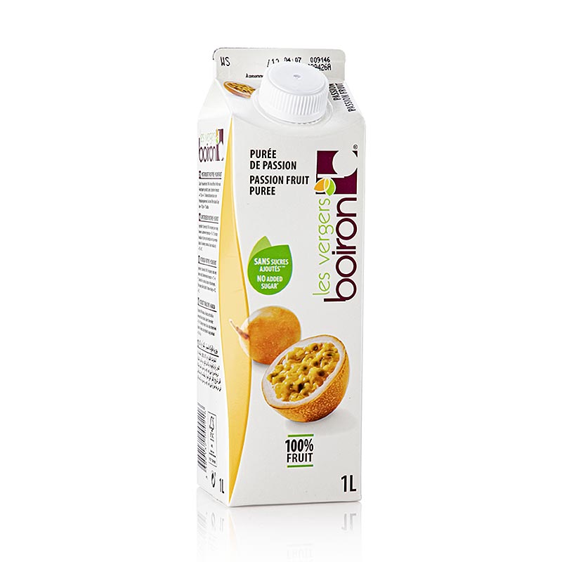 A 1-liter bottle of Boiron passion fruit puree, made with 100% pasteurized fruit