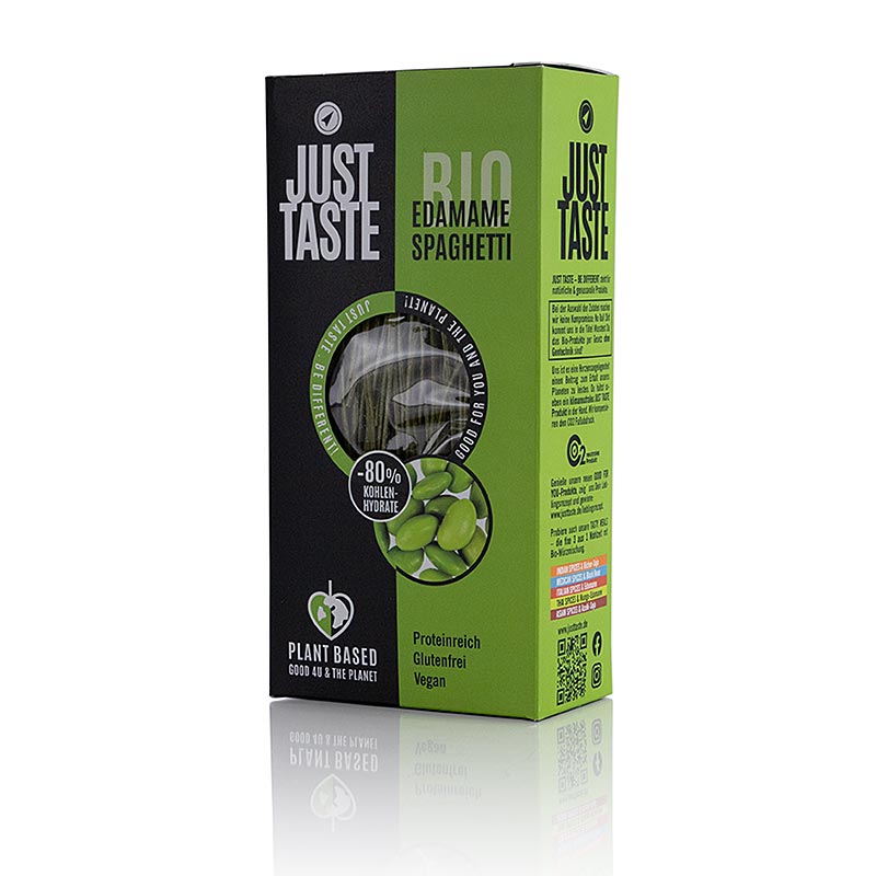 Biologische glutenvrije Edamame spaghetti van Just Taste, verpakt in 250 g