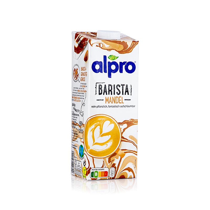 A 1 liter carton of Alpro Barista almond drink, perfect for coffee-making