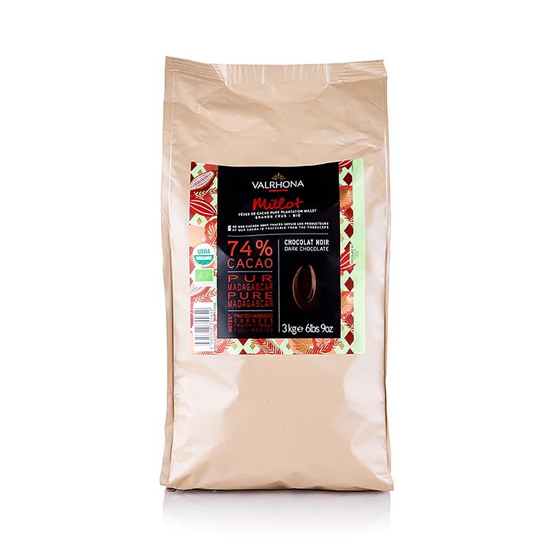 Biologische Valrhona Millot donkere couverture Callets, 74% cacao, 3 kg