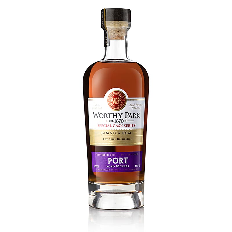 Worthy Park Estate Jamaica Rum 10 years PORT Finish bottle with 45% volume, 700 ml, showcasing rich color and elegant packaging design on a wooden background
