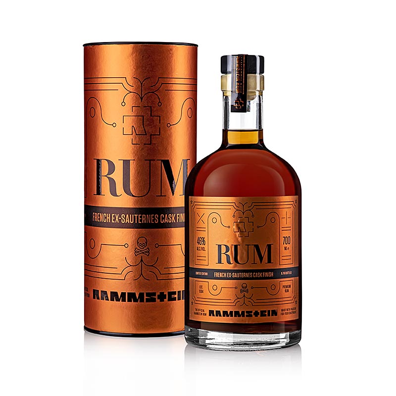 Rammstein Rum Limited Edition 2022 Sauternes Cask Finish bottle, 46% vol, 750 ml, showcasing the unique and premium design of the product