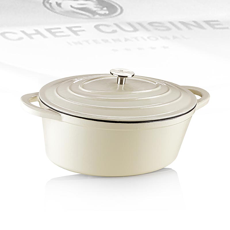 Ovale braadslede met deksel in beige van gietijzer/email, Chef Cuisine 