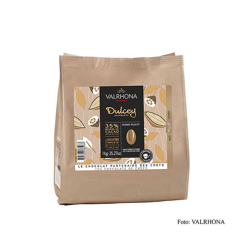 Valrhona Dulcey, Blonde Chocolate 35% Callets, 1 kg - High quality, creamy and smooth blonde chocolate callets for gourmet desserts and confections