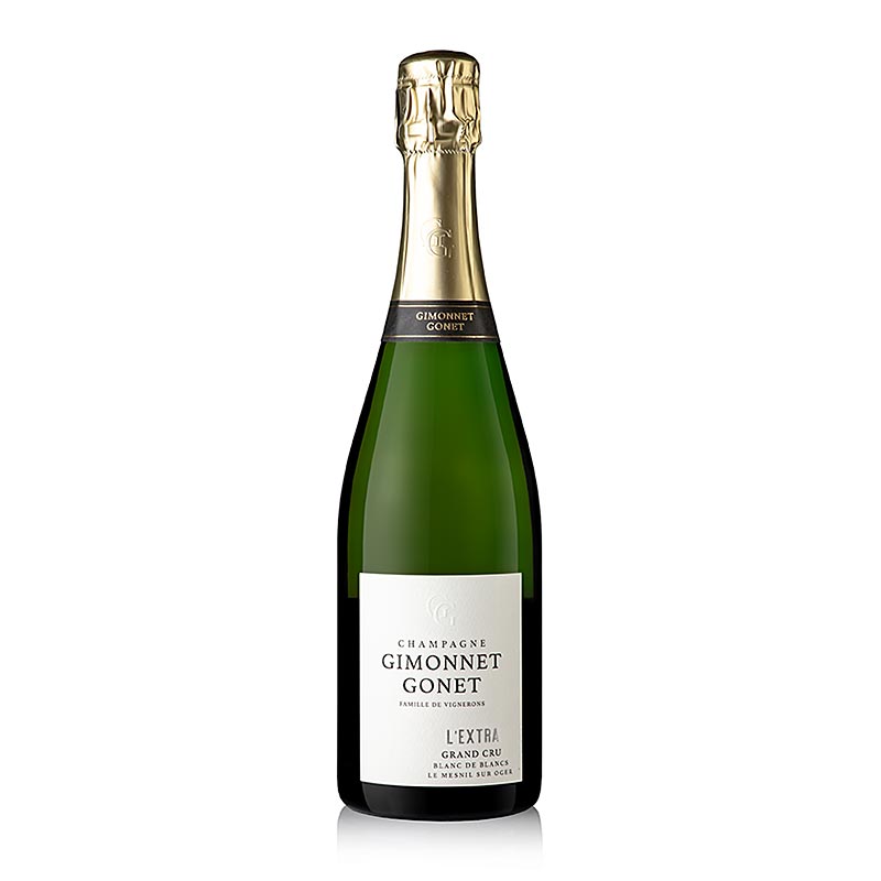 750 ml bottle of Champagne Gimonnet Gonet l'Extra Blanc de Blancs Grand Cru EXTRA brut, a high-quality, dry sparkling wine from France