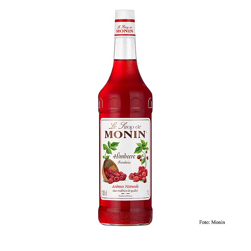 A 1 liter bottle of Monin frambozensiroop 1:8, raspberry-flavored syrup concentrate perfect for creating delicious beverages