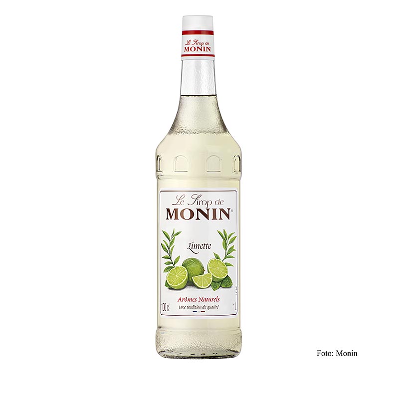 Monin 1 liter green lime syrup, made from fresh green limes in 1:8 ratio for cocktails and beverages