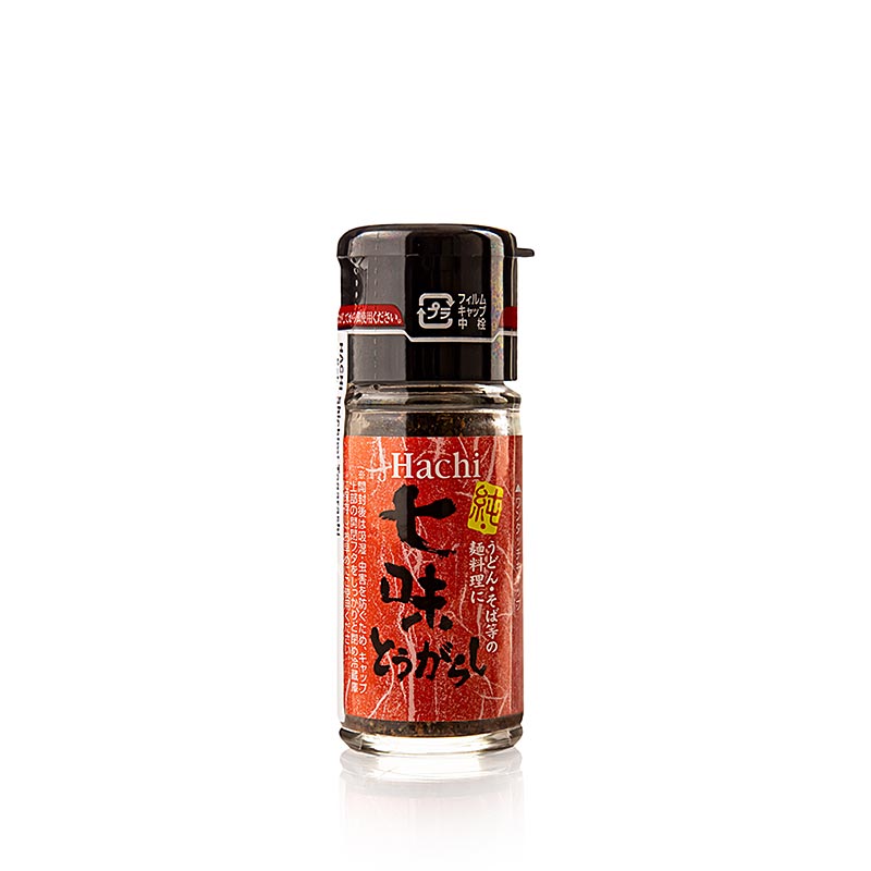 Spaanse peper - Shichimi Togarashi, Japan, Hachi, 15 g - illustratie van een pot met Spaanse peper kruidenmix uit Japan, genaamd Shichimi Togarashi, van het merk Hachi, met een inhoud van 15 gram